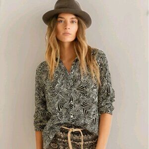 Carole Little Linen Button Up Tunic Blouse Beige/Black Bohemian Lagenlook Sz 1X